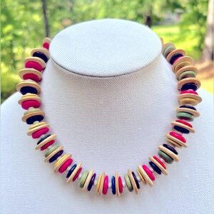 Boho Wooden Beaded w/ Seed Pearl Choker Necklace Multi Color Disk Beads Vintage